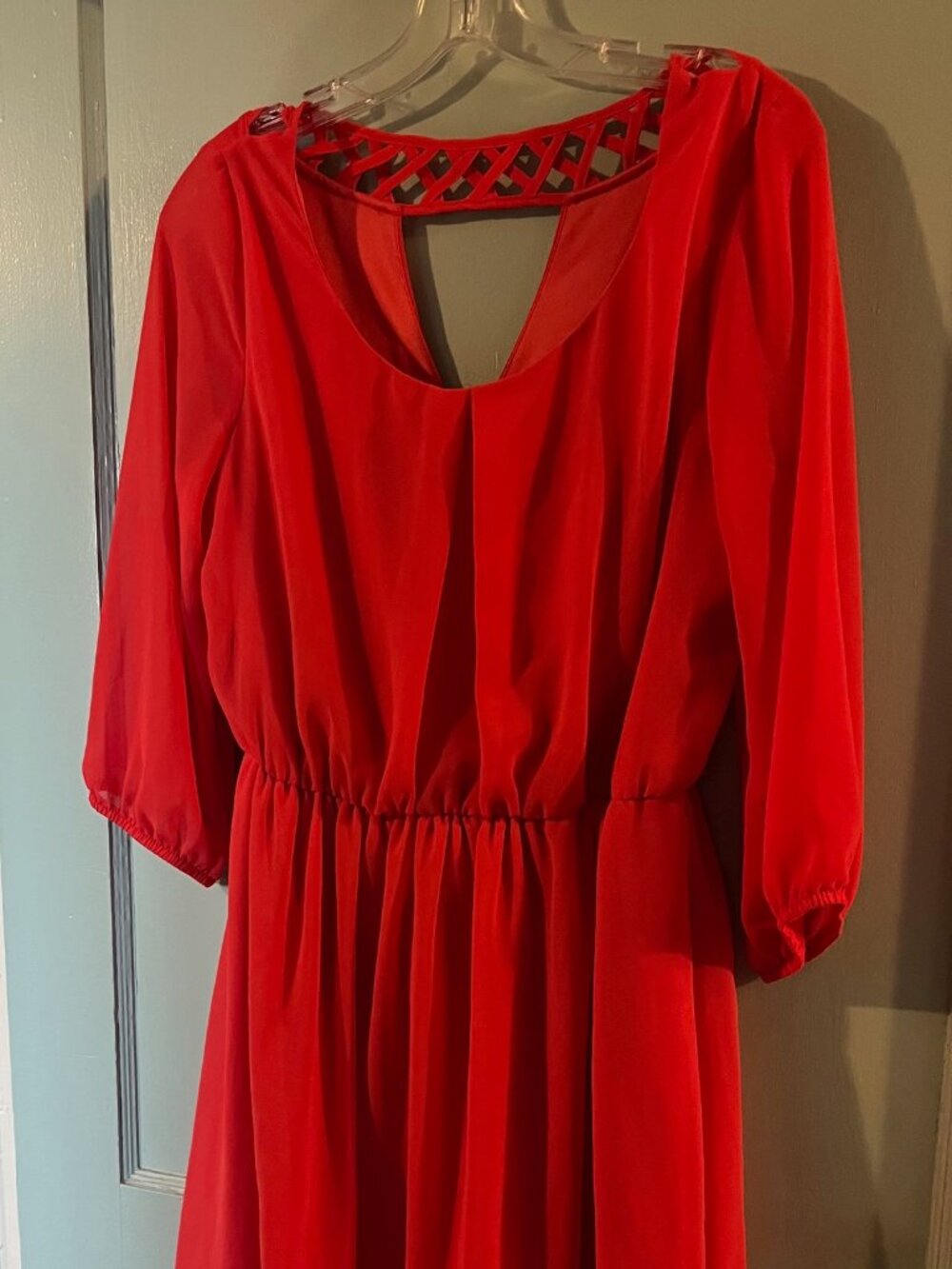 Y2K Deep Coral Chiffon Blouson Dress XL Lattice Cage Cut Out Back Mermaidcore
